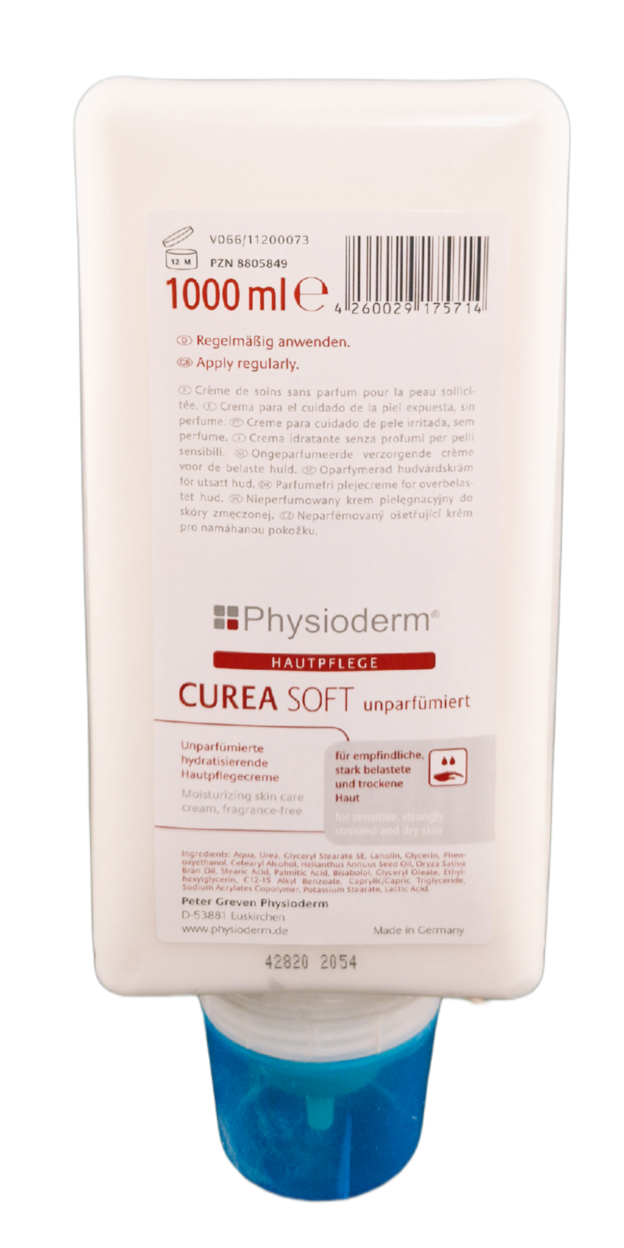 Physioderm ® Curea Soft unparfümiert Hautpflege Handcreme Pflegecreme 1000 ml Flasche